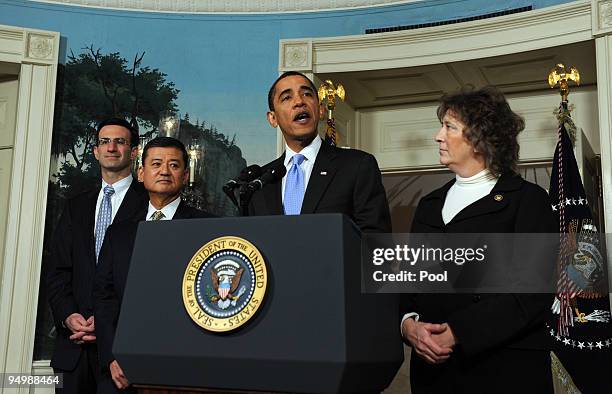 President Barack Obama makes a statement on the SAVE program with Office of Management and Budget Director Peter R. Orszag , Secretary of Veterans...