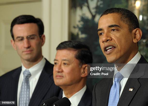 President Barack Obama makes a statement on the SAVE program with Office of Management and Budget Director Peter R. Orszag and Secretary of Veterans...