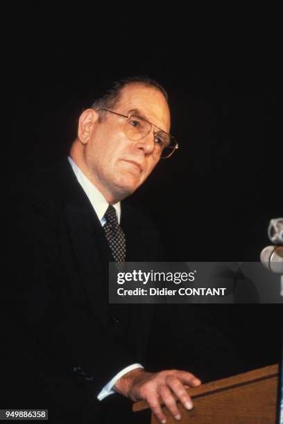 Lyndon LaRouche, leader du NDPC, National Democratic Policy Committee, en février 1986 aux Etats-Unis.