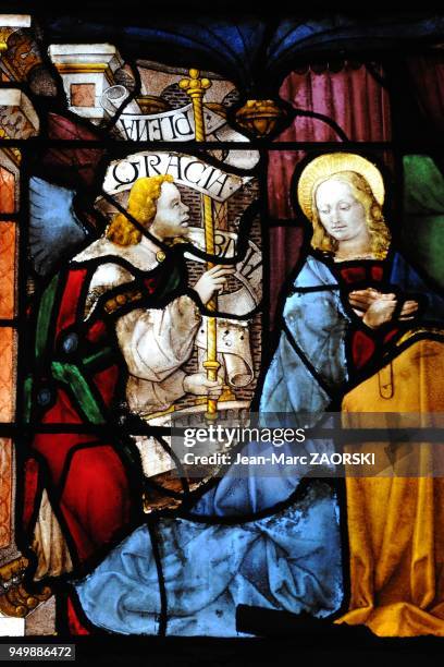 Detail of stained glass of the Saint-Coeur of Mary , by Arnaud de Moles in the Cathedral Of St. Mary in Auch in Gers department in France on August...