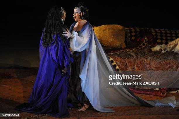 Indra Thomas and Ekaterina Gubanova in Aida, an opera in four acts by Giuseppe Verdi to an Italian libretto by Antonio Ghislanzoni and directed by...