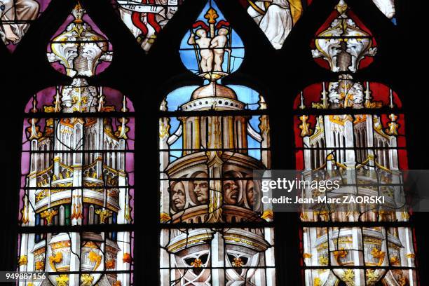 Detail of stained glass of the Saint-Coeur of Mary , by Arnaud de Moles in the Cathedral Of St. Mary in Auch in Gers department in France on August...