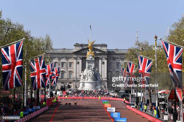 General view as David Weir of Great Britain is on his way to win the men's VMLM Wheelchair race during the Virgin Money London Marathon at United...