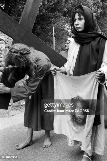 Procession de la Passion, le 5 août 1982, fête traditionnelle religieuse organisée tous les 5 août depuis 1467, à Roquebrune-Cap-Martin,...