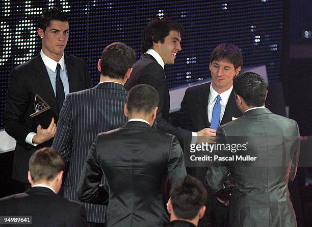 Cristiano Ronaldo , Kaka and Lionel Messi after the FIFA World Player Gala 2009 at the Kongresshaus on December 21, 2009 in Zurich, Switzerland.