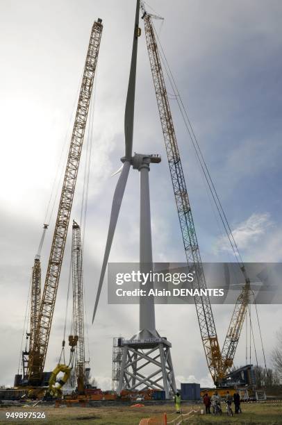 Alstom erects the largest ever wind turbine, Haliade 150 with 6MW power, the first new generation offshore wind turbine, in Le Carnet near Frossay ,...