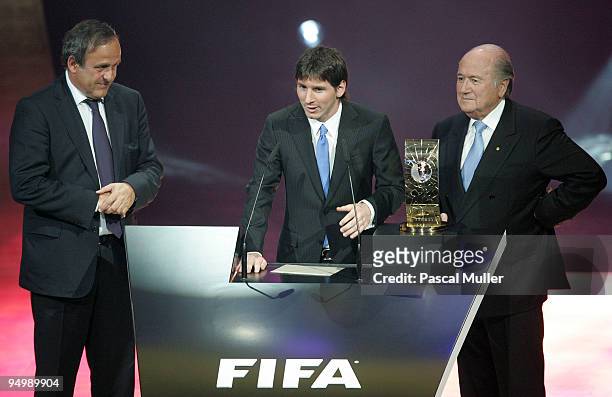 President Michel Platini , FIFA World Player 2009 Lionel Messi and FIFA President Josef Blatter during the FIFA World Player Gala 2009 at the...