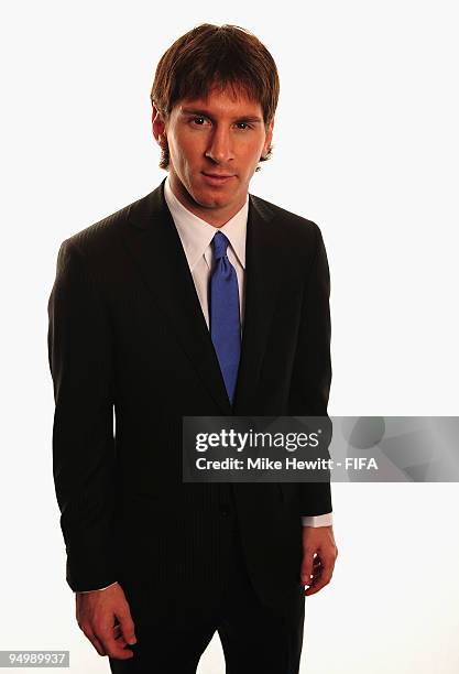 Player of the Year Lionel Messi of Barcelona and Argentina poses for a photo on December 21, 2009 in Zurich, Switzerland.