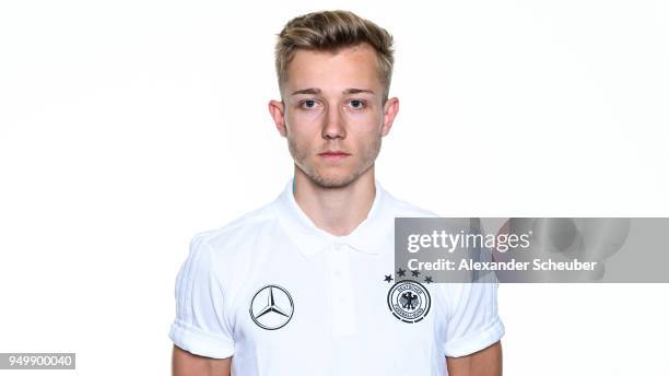 Joscha Metzler poses during the Beach Soccer national team presentation at DFB Headquarter on April 21, 2018 in Frankfurt am Main, Germany.