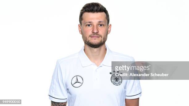 Anton Kniller poses during the Beach Soccer national team presentation at DFB Headquarter on April 21, 2018 in Frankfurt am Main, Germany.