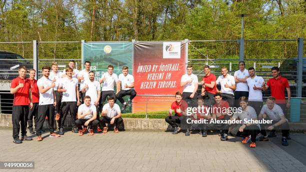 The Beach Soccer national team pose during the team presentation at DFB Headquarter on April 21, 2018 in Frankfurt am Main, Germany.