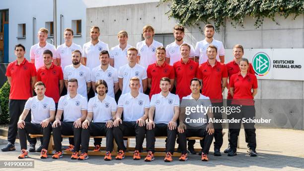 The Beach Soccer national team pose during the team presentation at DFB Headquarter on April 21, 2018 in Frankfurt am Main, Germany.