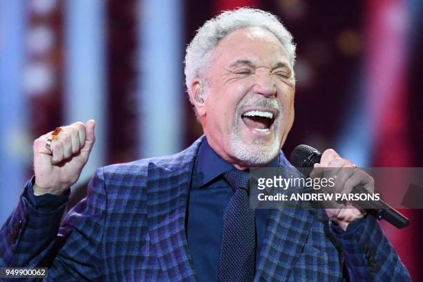 British singer Tom Jones performs at The Queen's Birthday Party concert at the Royal Albert Hall in London on April 21, 2018 on the occassion of...