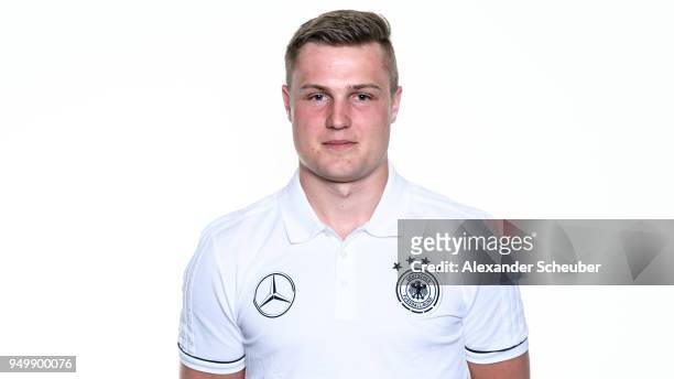 Philipp Tautenhahn poses during the Beach Soccer national team presentation at DFB Headquarter on April 21, 2018 in Frankfurt am Main, Germany.