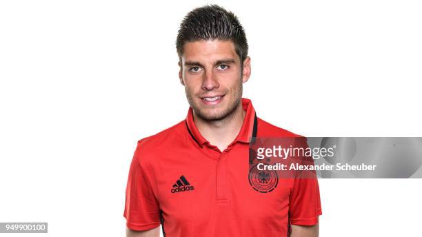 Marc Lamberger poses during the Beach Soccer national team presentation at DFB Headquarter on April 21, 2018 in Frankfurt am Main, Germany.