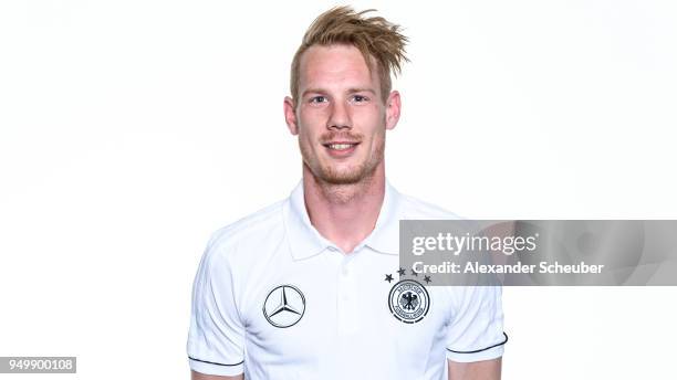 Peer Petry poses during the Beach Soccer national team presentation at DFB Headquarter on April 21, 2018 in Frankfurt am Main, Germany.