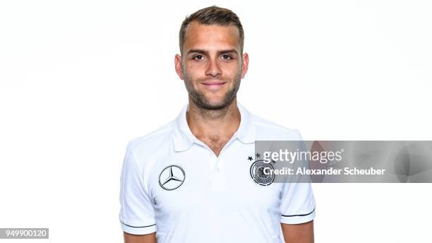 Julian Franz poses during the Beach Soccer national team presentation at DFB Headquarter on April 21, 2018 in Frankfurt am Main, Germany.