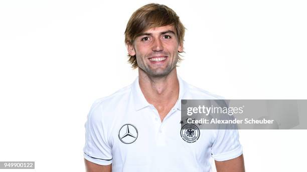 Joel Nisslein poses during the Beach Soccer national team presentation at DFB Headquarter on April 21, 2018 in Frankfurt am Main, Germany.