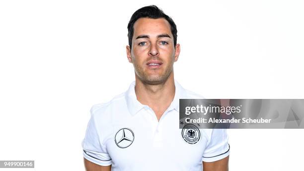 Oliver Romrig poses during the Beach Soccer national team presentation at DFB Headquarter on April 21, 2018 in Frankfurt am Main, Germany.