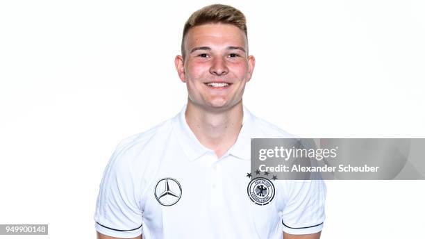 Marius Ebener poses during the Beach Soccer national team presentation at DFB Headquarter on April 21, 2018 in Frankfurt am Main, Germany.