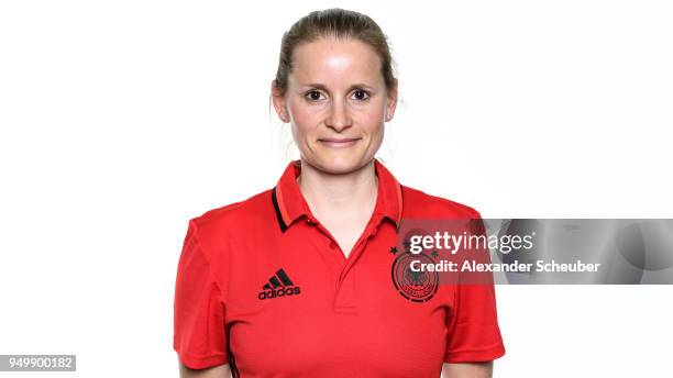 Jennifer Schroeder poses during the Beach Soccer national team presentation at DFB Headquarter on April 21, 2018 in Frankfurt am Main, Germany.