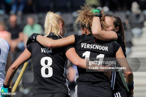 Charlotte Vega of Amsterdam Dames 1, Maria Verschoor of Amsterdam Dames 1, Kelly Jonker of Amsterdam Dames 1 during the match between Amsterdam D1 v...