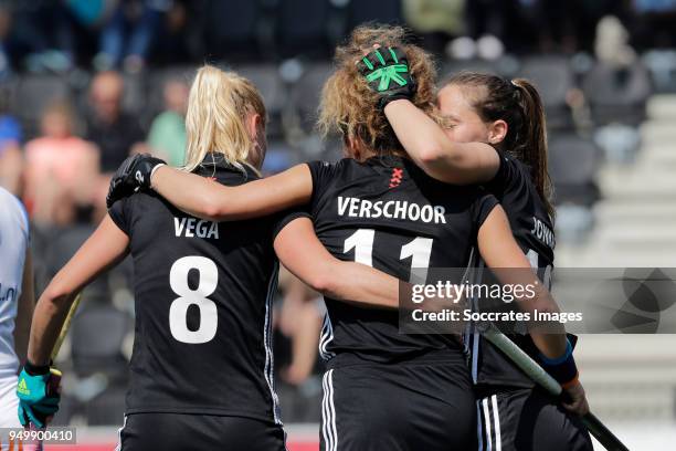 Charlotte Vega of Amsterdam Dames 1, Maria Verschoor of Amsterdam Dames 1, Kelly Jonker of Amsterdam Dames 1 during the match between Amsterdam D1 v...