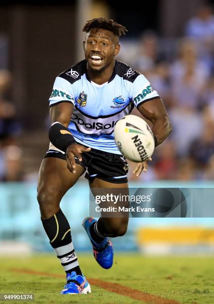 James Segeyaro of the Sharks passes to a team mate during the round seven NRL match between the Cronulla Sharks and the Penrith Panthers at Southern...