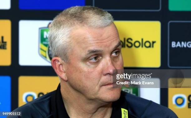 Anthony Griffin, Coach of the Panthers, speaks during a press conference after the round seven NRL match between the Cronulla Sharks and the Penrith...