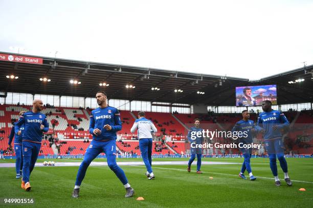 Geoff Cameron of Stoke City warms up prior to the Premier League match between Stoke City and Burnley at Bet365 Stadium on April 22, 2018 in Stoke on...