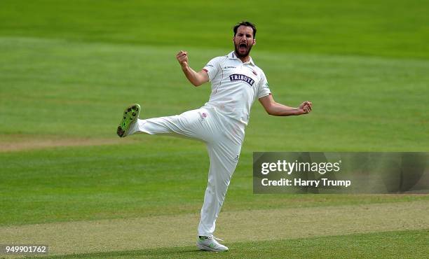 Lewis Gregory of Somerset celebrates the wicket of Tom Fell of Worcestershire during Day Three of the Specsavers County Championship Division One...