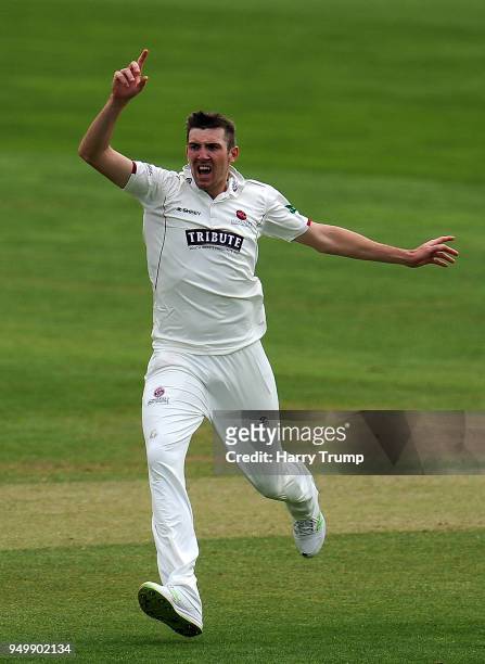 Craig Overton of Somerset appeals during Day Three of the Specsavers County Championship Division One match between Somerset and Worcestershire at...