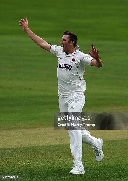 Craig Overton of Somerset appeals during Day Three of the Specsavers County Championship Division One match between Somerset and Worcestershire at...