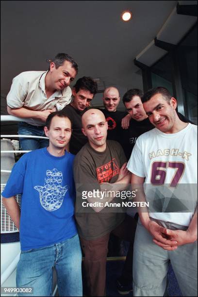 Zebda in concert at the Olympia the 1st May 2003. Left to right: top raw: Joel Saurin, bass player, Pascal Cabero, guitarist, Hakim Amokrane, singer,...