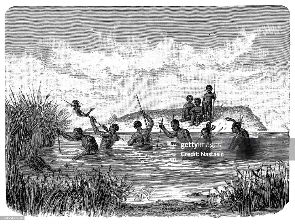 African villagers fishing