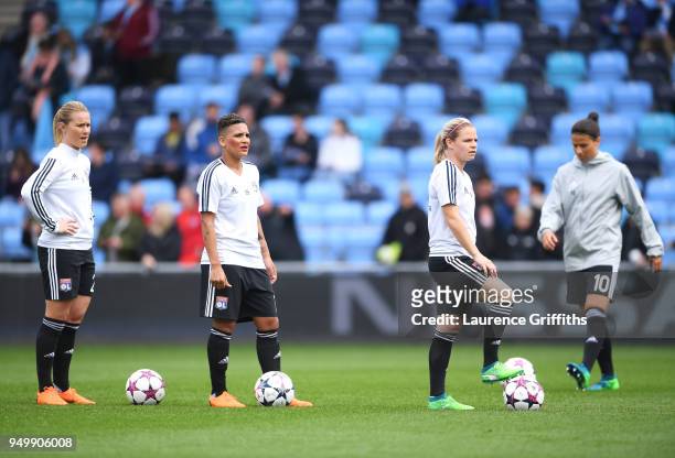Dzsenifer Marozsan; Eugenie Le Sommer; Shanice Van de Sanden and Morgan Brian of Lyon warm up prior to the UEFA Women's Champions League Semi Final:...
