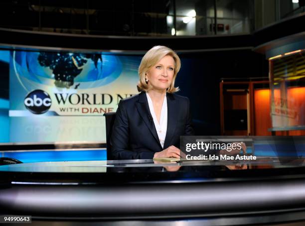 Diane Sawyer sits on the set of "World News With Diane Sawyer" during the nationally televised news brief at the Walt Disney Television via Getty...