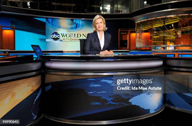 Diane Sawyer sits on the set of "World News With Diane Sawyer" during the nationally televised news brief at the Walt Disney Television via Getty...