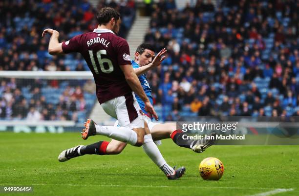 Graham Dorrans of Rangers vies with Connor Randall of Heart of Midlothian during the Ladbrokes Scottish Premiership match between Rangers and Hearts...