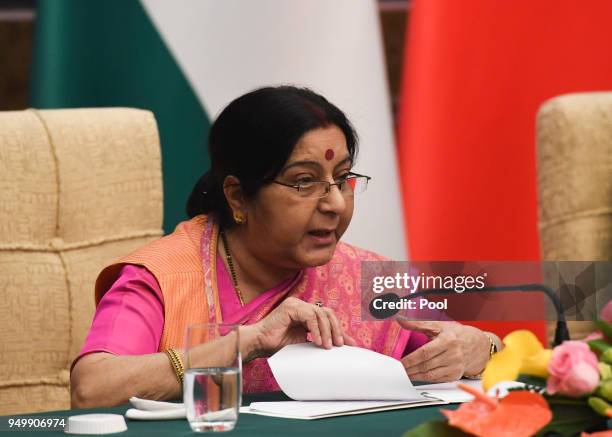 Indian Foreign Minister Sushma Swaraj during a meeting with Chinese Forein Minister Wang Yi at the Diaoyutai State Guest House on April 22, 2018 in...