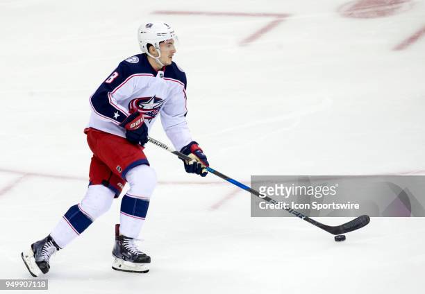 Columbus Blue Jackets defenseman Zach Werenski moves up ice during the first round Stanley Cup playoff game 5 between the Washington Capitals and the...