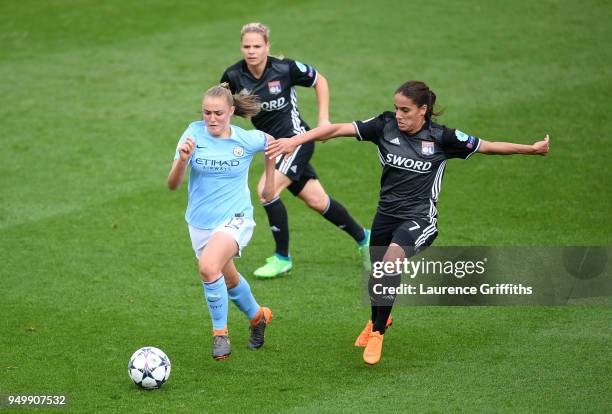 Georgia Stanway of Manchester City Women and Amel Majri of Lyon battle for the ball during the UEFA Women's Champions League Semi Final, first leg...