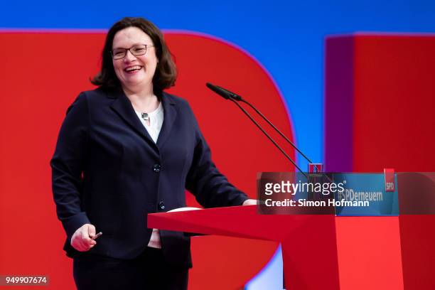 Andrea Nahles, currently Bundestag faction leader of the German Social Democrats , smiles as she speaks at an SPD federal party congress on April 22,...