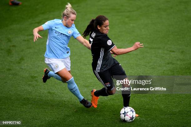 Isobel Christiansen of Manchester City Women and Amel Majri of Lyon battle for the ball during the UEFA Women's Champions League Semi Final, first...