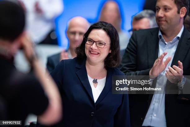 Andrea Nahles smiles at a federal party congress of the German Social Democrats following her election as new party leader on April 22, 2018 in...