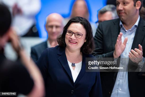 Andrea Nahles smiles at a federal party congress of the German Social Democrats following her election as new party leader on April 22, 2018 in...