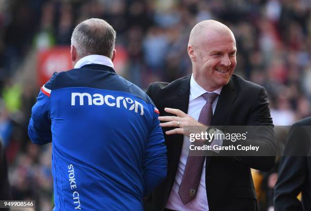 Paul Lambert, Manager of Stoke City and Sean Dyche, Manager of Burnley shake hands ahead of the Premier League match between Stoke City and Burnley...