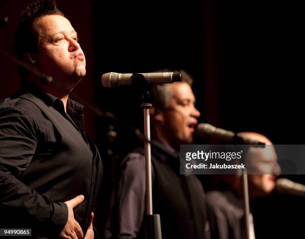 Sebastian Krumbiegel, Mathias Dietrich and Wolfgang Lenk of the German a-capella pop band Die Prinzen perform live during a concert at the...