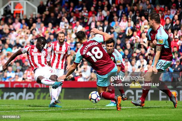 Badou Ndiaye of Stoke City scores the opening goal during the Premier League match between Stoke City and Burnley at Bet365 Stadium on April 22, 2018...