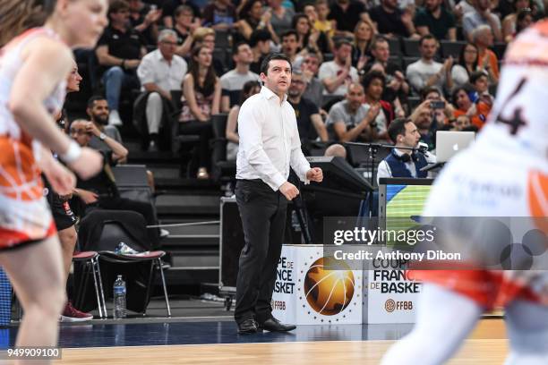 Olivier Lafargue head coach of Bourges during the French Final Cup match between Charleville and Bourges at AccorHotels Arena on April 21, 2018 in...